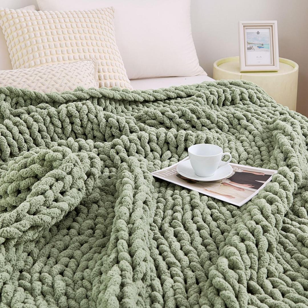 Admitrack Chunky Knit Blanket Throw, 100% Hand Knit Chenille Throw Blanket for Sofa & Home Decor, Soft and Cozy Knitted Throw Blankets (Sage Green51"x63"), Throw51"63"
