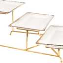 3-Tier Serving Rack with Ceramic Serving Tray, Foldable Gold Stand with 3 Pieces 10.2"/11.8"/13.8" Gold Rim Large Plates for Food Display, Fruit, Dessert Server Display and Entertaining