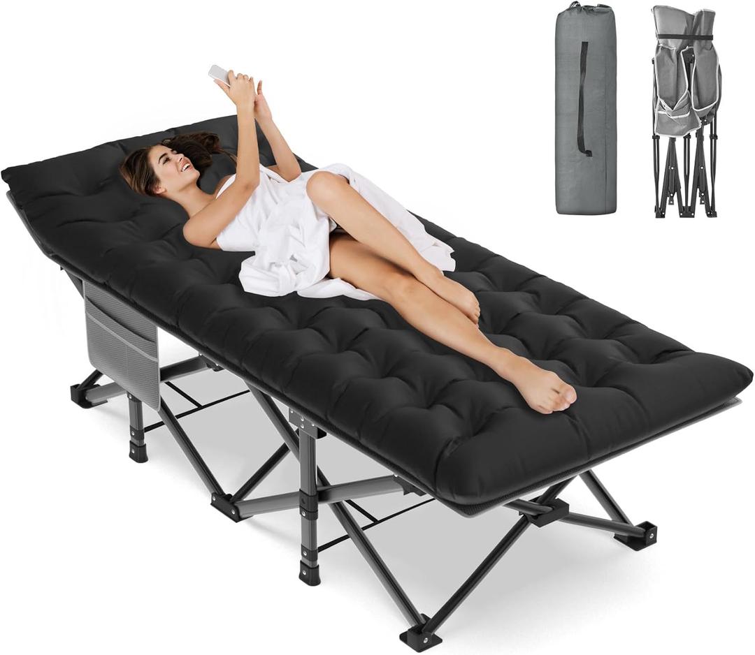 ZENPETIO Oversized XXL Folding Camping Cot, Heavy Duty Sleeping Cot for Adults with Mattress and Pillow, Portable Cot Bed with Carry Bag for Outdoor Camp Travel Home Guest Office, 78x32x18 (Gray Frame + Black Pad)