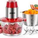 GANIZA Food Processors, Electric Food Chopper with Meat Grinder & Vegetable Chopper - 2 Bowls (8 Cup+8 Cup) with Powerful 450W Copper Motor - Includes 2 Sets of Bi-Level Blades (Red)