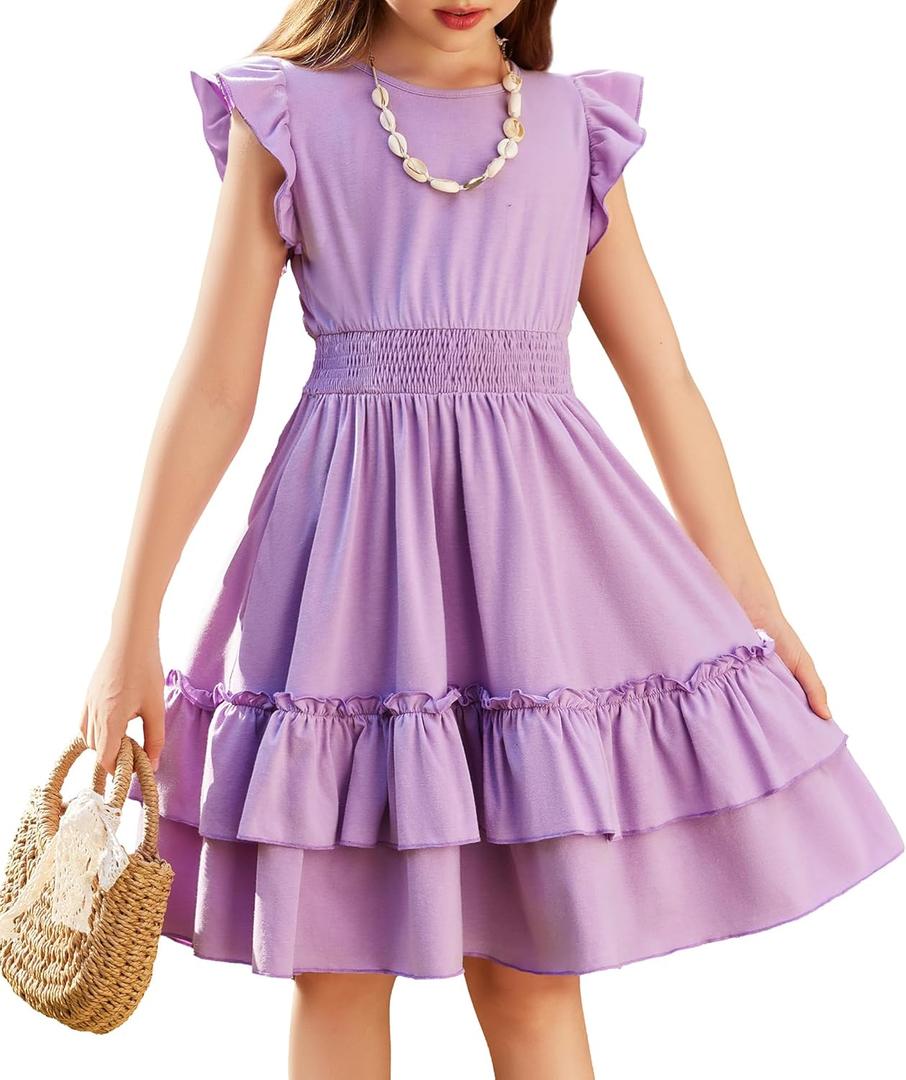 Arshiner Girls Dresses Flutter Sleeve A-Line Sundress Casual Summer Tiered Swing Midi Pocket Dress (8)
