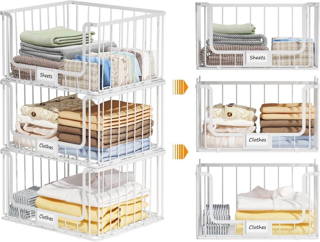 3-Tier Stackable Closet Organizers and Storage, Clothes Shelf Organizer, Foldable Wire Basket Bins, Sweater Storage for Closet and Pantry,11.8" D x 15.7" W, White