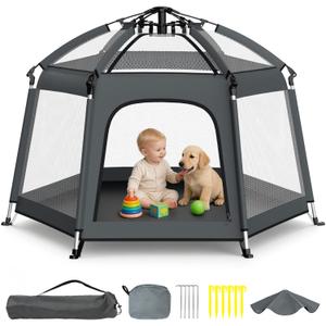 Foldable Baby Playpen with Canopy: Durable 450D Oxford & Aluminum, Gray | Pop-Up Play Tent, Easy Setup, UPF50 Sun Protection, Lightweight, Mosquito Net, for Beach Travel Outside Indoor, for Kid & Pet