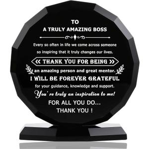 Qianwei Boss Gifts for Women Men - Black Crystal Appreciation Plaque Keepsakes Decor - Best Thank You Farewell Gifts, Christmas, Retirement, Birthday, Bosses Day Gift