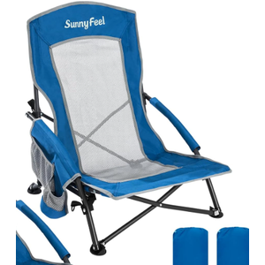 SUNNYFEEL Low Folding Beach Chair for Adults, Portable Lightweight Sling Beach Camping Chairs with Cup Holder, Armrest,Foldable Camp Lawn Chair for Outdoor Sand Concert Travel Sport Events,300LBS