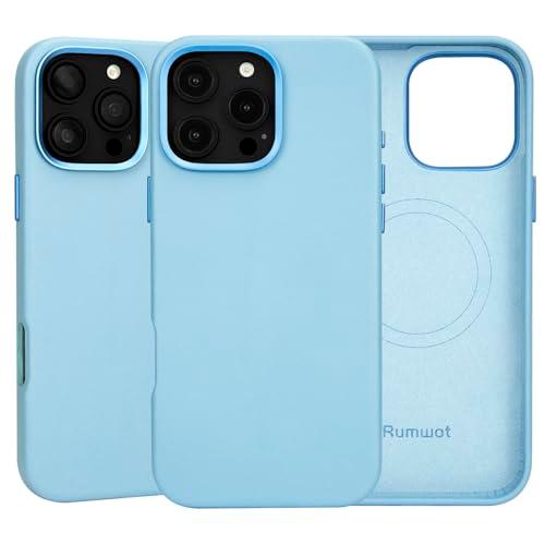 Rumwot for iPhone 16 Pro Leather Case Azure Blue | Full Grain Genuine Leather | Compatible with MagSafe and Wireless Charging | Metal Buttons Camera Bezel | Slim Fit | Drop and Scratch Resistant