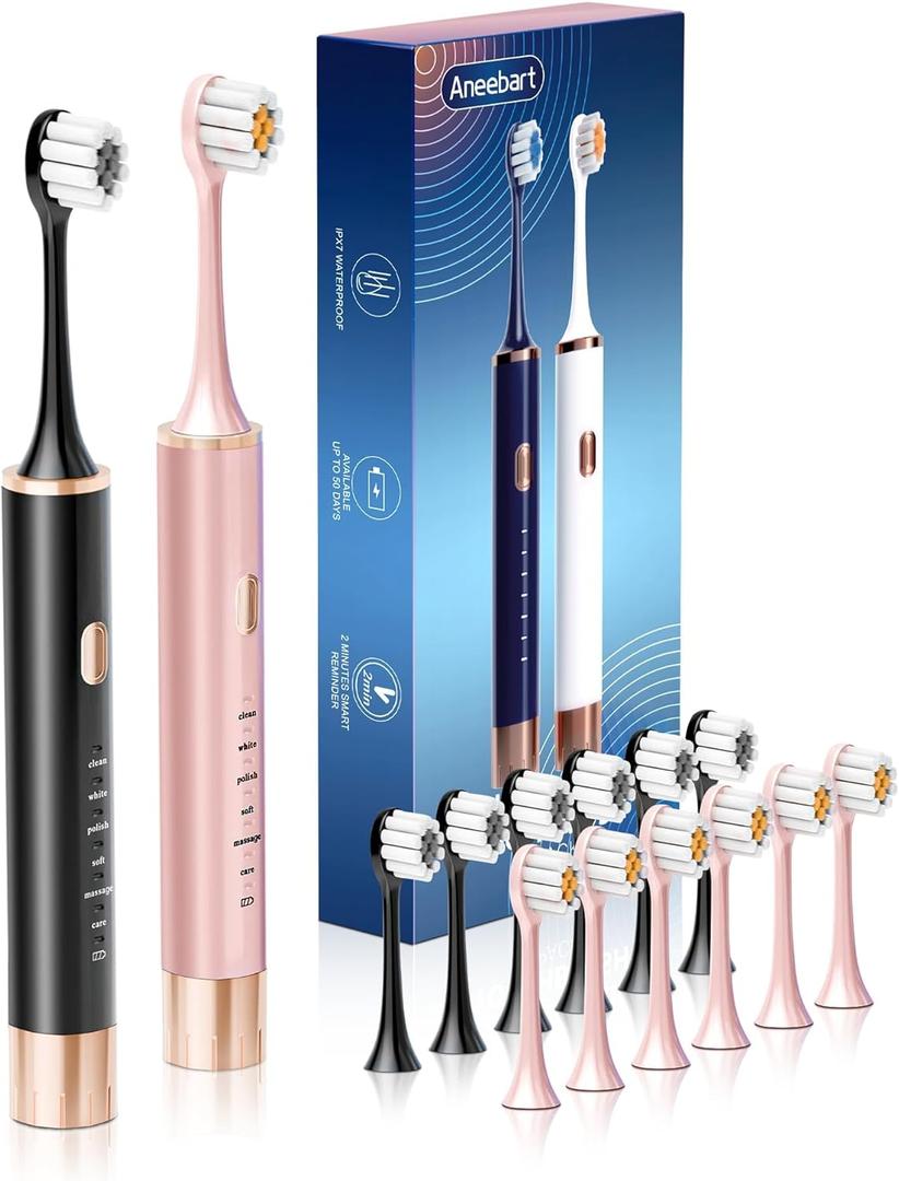 Black & Pink Electric Toothbrush for Adults, 2 Pack ToothbrushUSB Rechargeable Sonic Toothbrush with 12 Brush Heads, Smart Timer, 6 Modes, 2-Hour Fast Charge Last 30 Days