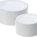 FOCUSLINE Silver Plastic Plates Set of 60, Disposable Plates with Silver Rim 30 Dinner Plates 10" and 30 Salad Dessert Appetizer Plate 7", Elegant Fancy Heavy Duty Wedding Party Plates