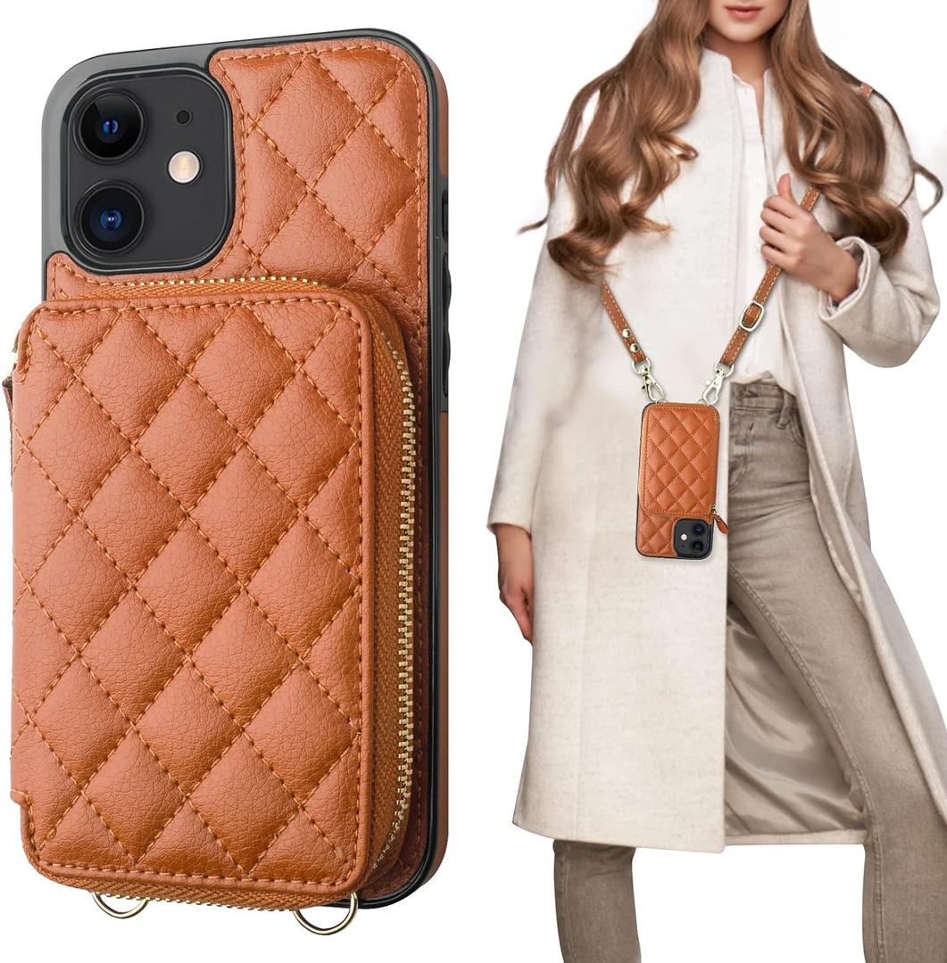 Bocasal Crossbody Wallet Case for iPhone 12/12 Pro, RFID Blocking PU Leather Zipper Handbag Purse Flip Cover, Kickstand Folio Case with Card Slots Holder Wrist Strap Lanyard 5G 6.1 Inch (Brown)