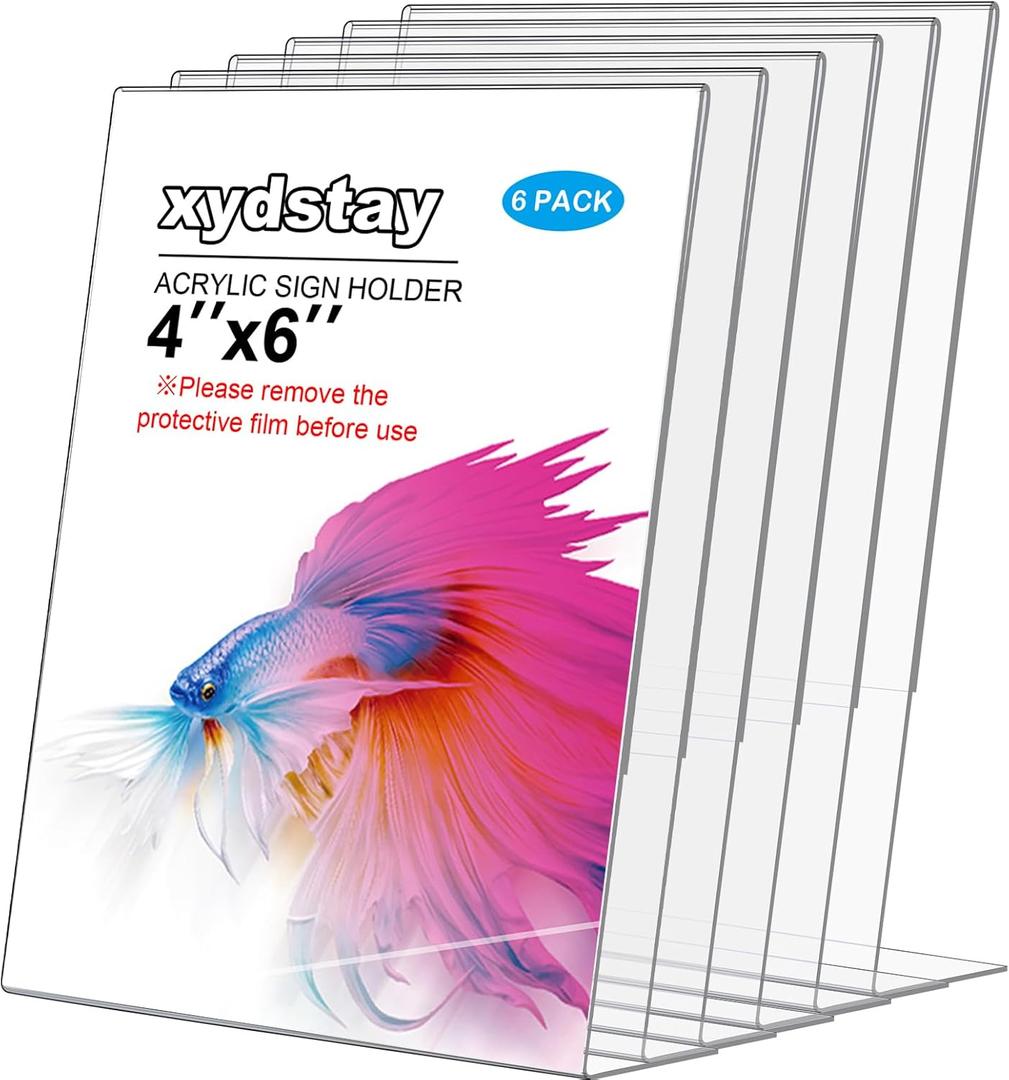 6pack Acrylic Sign Holder 4x6 for Picture Frames, L Shape Clear Plastic, Plastic Sign Holder,Menu Holder, Unbreakable Table Sign Holder for Restaurant, Office, School, Store and Home Use