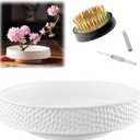 Japanese Ikebana Vase Kit, Flower Shallow Container Ceramics Flower Bowl Ikebana Vase with 1.57inch Flower Frog and Floral Frog Floristry Kenzan Needle Straightening Tool (White Hammer Pattern)