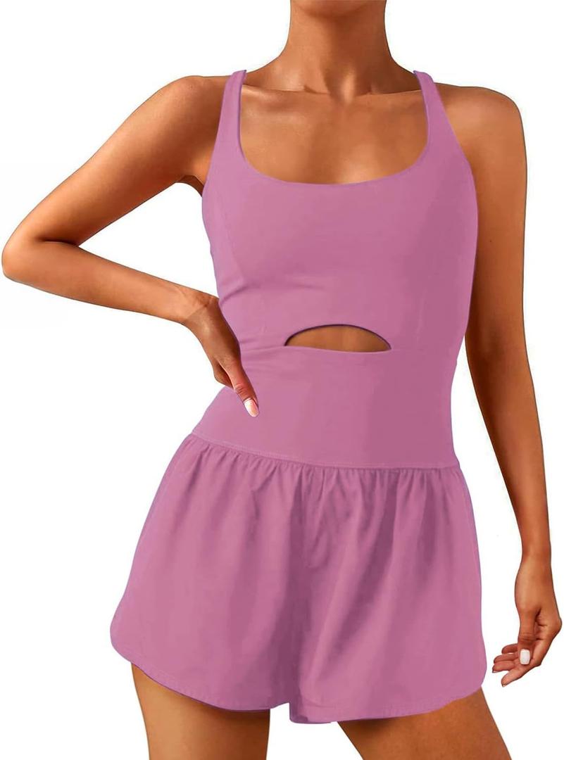 Wenlia Women Workout Romper Onesie with Padded Bras Sleeveless One Piece Outfits Shorts Athletics Running Jumpsuit Clothes (Medium, Rose Red)