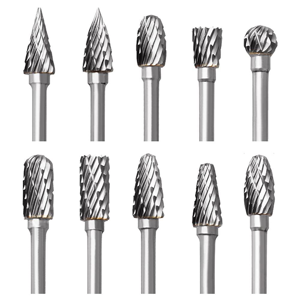 Tungsten Carbide Rotary Burr Set for Dremel, 10PCS Carbide Double Cut Carving Burr Bits with 1/8 Shank Rotary Tool Accessories for Woodworking, Engraving, Drilling, Steel Metal Working