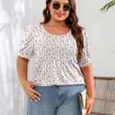 Ficerd Women's Plus Size Puff Short Sleeve Tunic Tops Crew Neck Pleated Blouses Summer Casual T Shirt Blouse 1X-5X (White, XL)