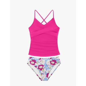 Girls Swimsuit Tankini Criss Cross Ruched 2 Piece Bathing Suit Printed Girl Swimwear for Teens, 13-14Y