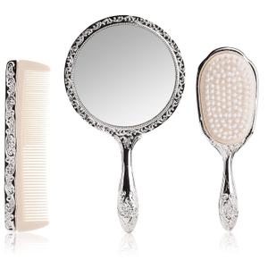 3 pc Silver Chrome Girls Vanity Set Comb Brush Mirror.