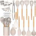 Umite Chef Kitchen Cooking Utensils Set, 33 pcs Non-Stick Silicone Cooking Kitchen Utensils Spatula Set with Holder, Wooden Handle Silicone Kitchen Gadgets Utensil Set (Khaki)
