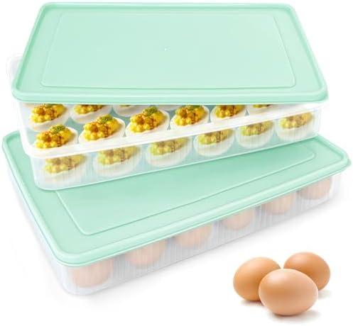 2PCS Deviled Egg Containers with Lid,Portable Storage Carrier Egg Holder,Stackable Plastic Egg Tray Carrier for Kitchen,Fridge,Keep Fresh,Easter(48 Eggs)