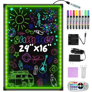 Hosim LED Message Writing Board, 24" x 16" Illuminated Erasable Neon Effect Restaurant Menu Sign with 8 Colors Markers, 7 Colors Flashing Mode DIY Message Chalkboard for Kitchen Wedding Promotions