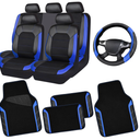 CAR PASS Air Mesh Leather Car Seat Covers Full Set, Waterproof Car Floor Mats, Sporty Steering Wheel Cover 14.5-15in, Universal Fits for 95% Cars Truck SUV (Black and Blue)