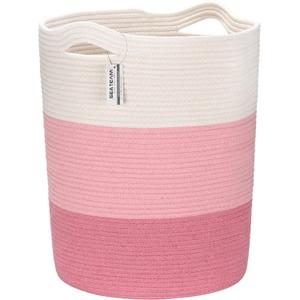 Sea Team Large Size Cotton Rope Woven Storage Basket with Handles, Laundry Hamper, Fabric Bucket, Drum, Clothes Toys Organizer for Kid's Room, 20 x 14 inches, Round Open Design, White & Pink