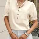 Cicy Bell Womens Puff Sleeve Tops Button Down Shirts Summer Casual Collared V Neck Cotton Blouse Beige XL