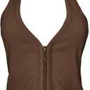 Fallorchid Womens Sleeveless Tank Tops Sexy Y2k Halter V Neck Ribbed Kint Crop Top (Brown, S)