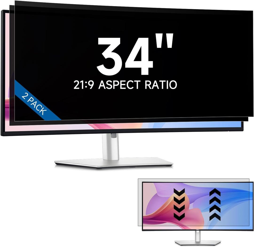 [2-Pack] 34 Inch Privacy Screen Filter for 21:9 Widescreen Monitor, Removable 34in Matte Anti Blue Light Glare Privacy Shield, Anti Spy Security Protector for Computer PC Desktop [Supporting Curved Screen]