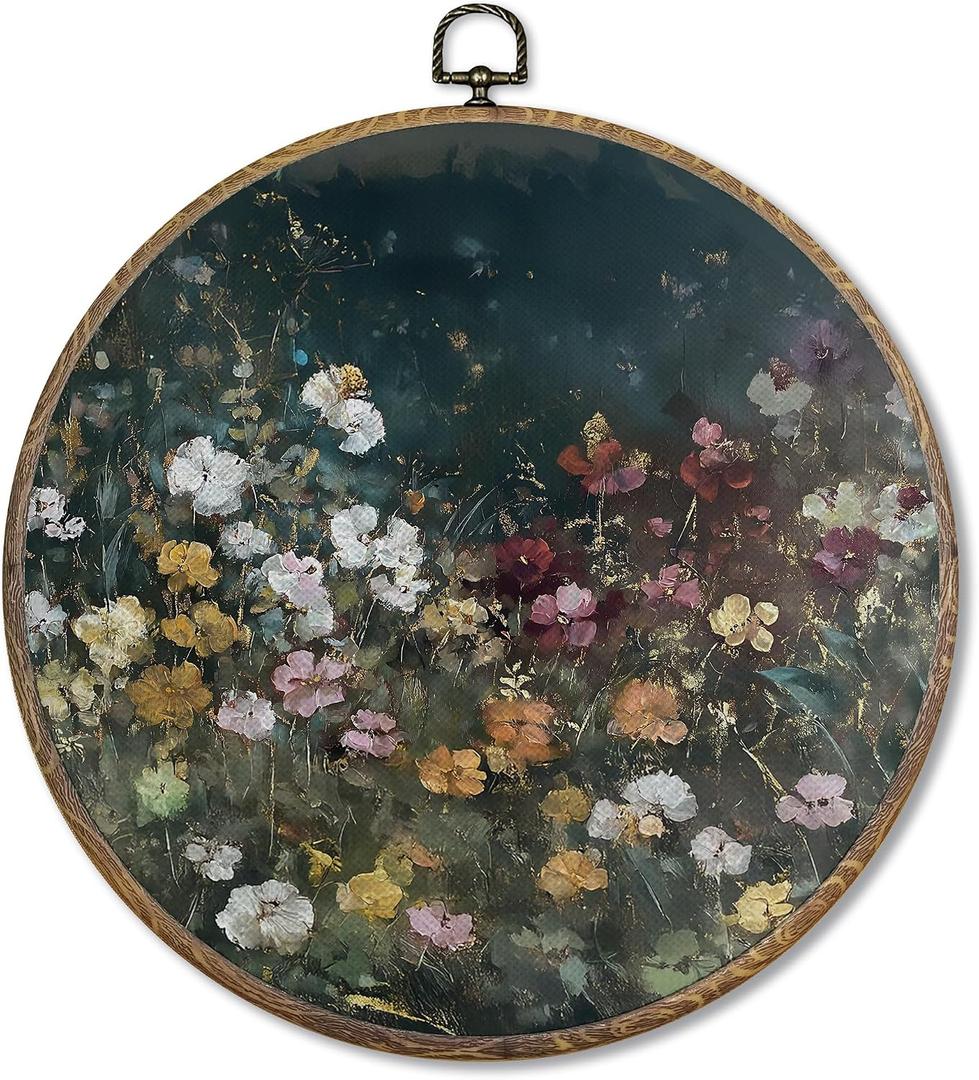 FUGWN Dark Cottagecore Moody Wildflower Round Wall Art Decor Framed, Vintage Flower Botanical Canvas Artwork Prints, Retro Colorful Floral Wall Hanging Decorations for Home Bedroom Room, 10x10 Inch
