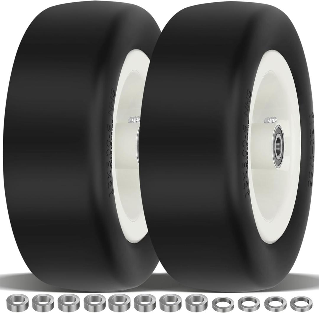 4 Pcs 13x5.00-6 Flat Free Tire and Wheel with Reinforced Rim and 3/4" Chrome Steel Bearings, 13x5x6 Lawn Mower Tires for Residential and Commercial, Zero Turn Mower Front Tires, 4.2"-6.2" Centered Hub (3/4 Precision Bearings, White)