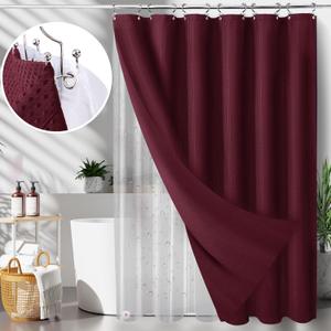 LaCyan 3 in 1 Waterproof Waffle Weave Shower Curtain and Clear Liner Set with 12 Stainless Steel Hooks Double Sided for Bathroom 72 Inches Heavy Duty Polyester Fabric Shower Curtains 72x72