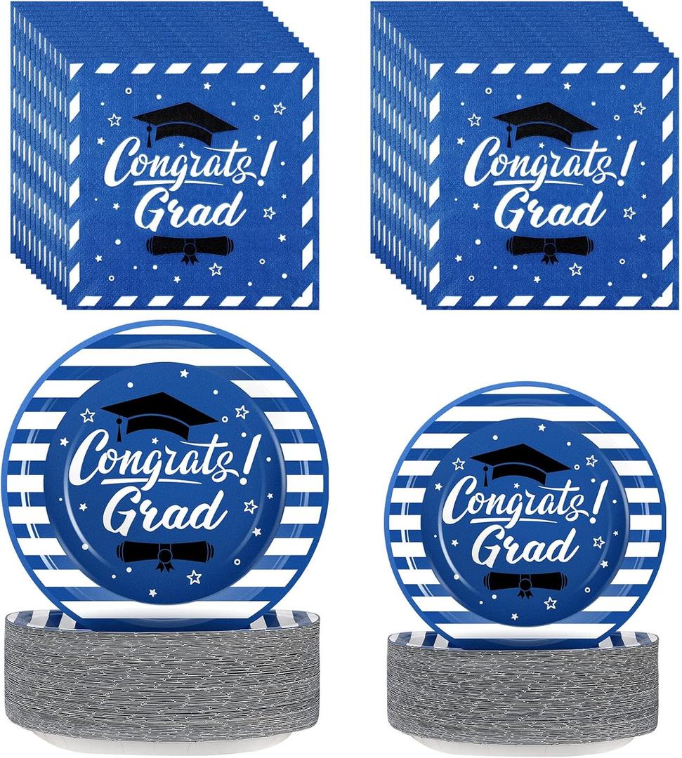 300 Pcs Graduation Party Plates and Napkins Graduation Decorations 2025 Blue Party Supplies Disposable Dessert Paper Plates Napkins for Congrats Grad School Kindergarten Table Decor, Serve 100