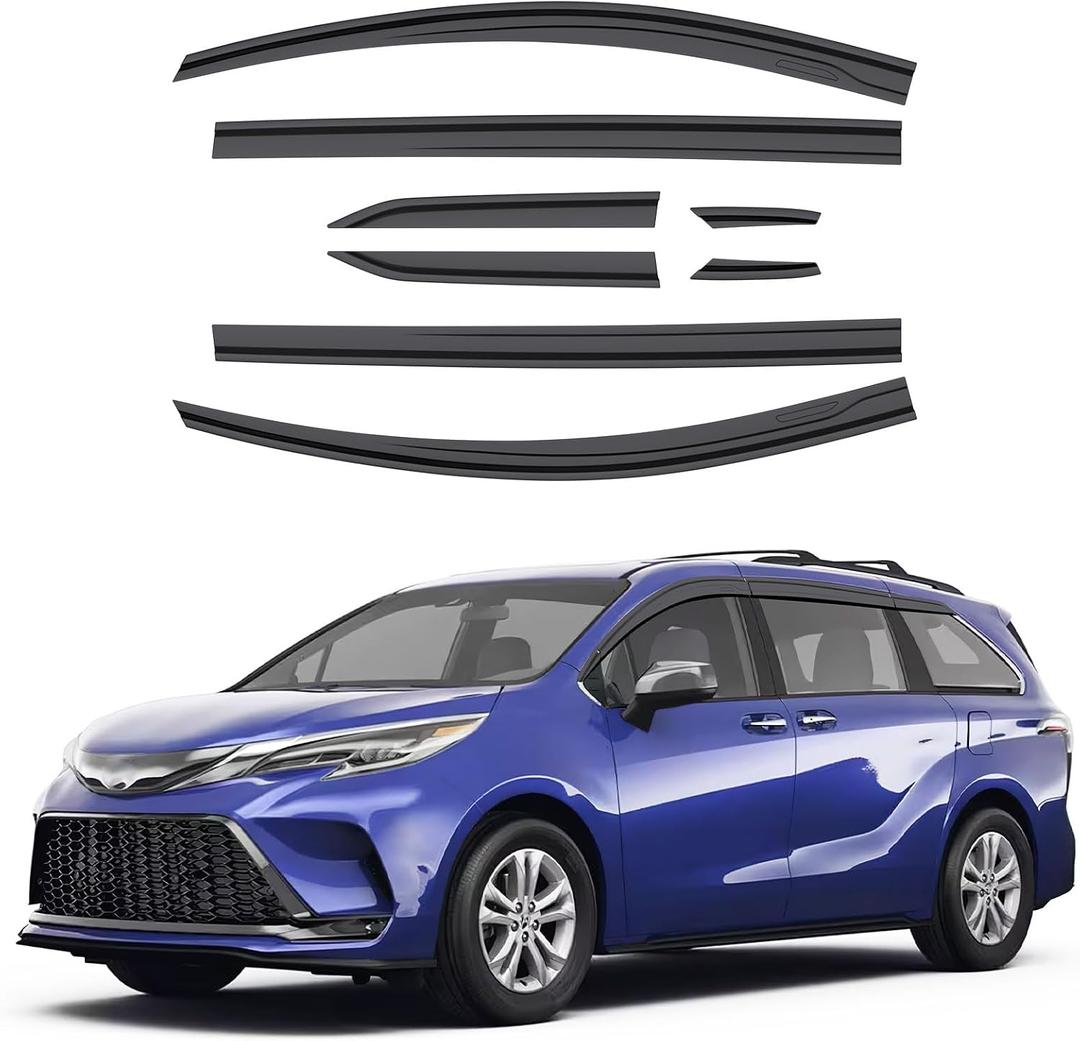 Black Rain Guards Fit for Toyota Sienna 2021 2022 2023 Tape-On Side Shatterproof Window Visor Window Deflectors, Rain Visors, 8-Piece Set
