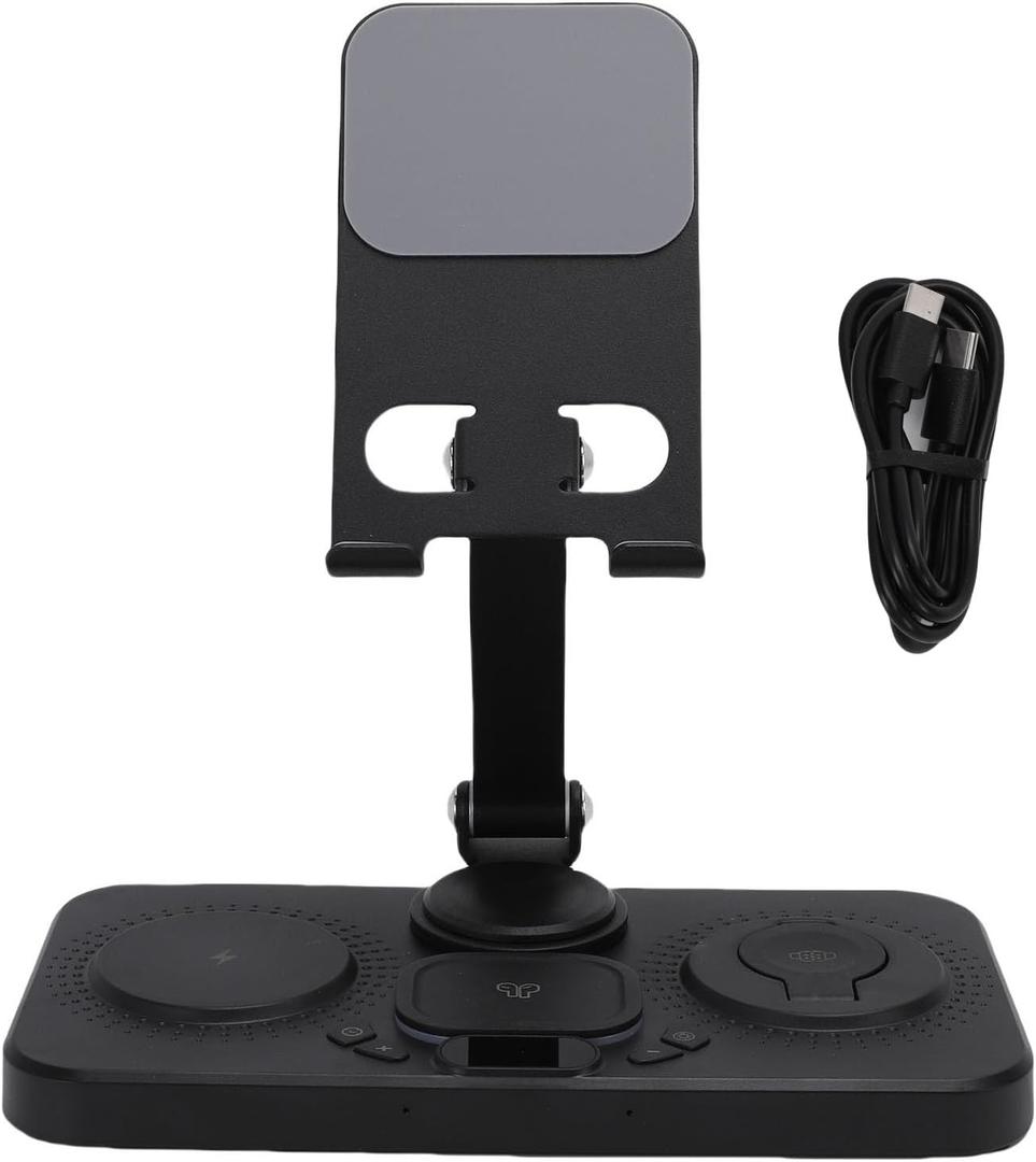 Luqeeg 6 in 1 Wireless Charger Foldable Wired Charging Station Power up Multiple Devices Simultaneously Comes with 15w Charger Type C Cables Foldable Rotatable Stand for Phones (Black)