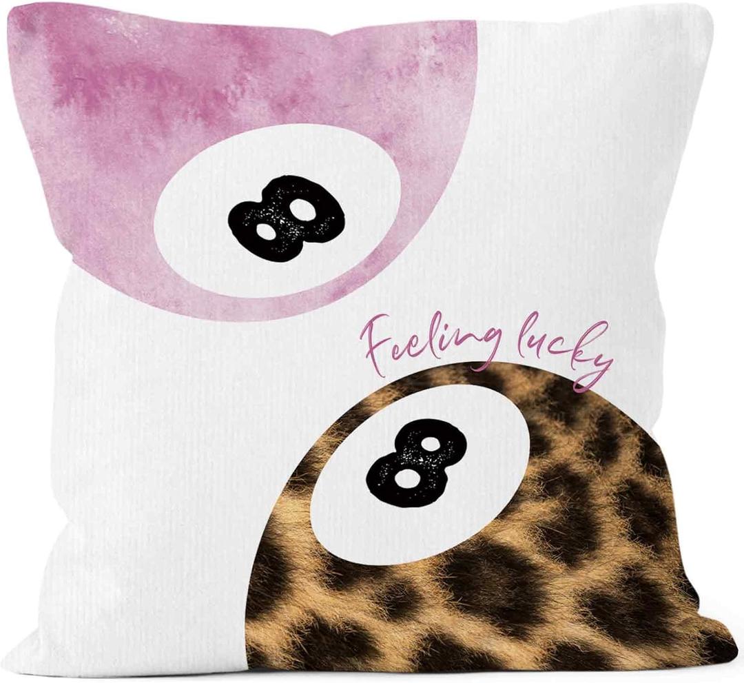 Trendy Cheetah Print Lucky 8 Balls Throw Pillow Covers 18x18, Retro Leopard Preppy Decor Pillow Cases for Teen Girls Dorm Room Bedroom Living Room, Lucky You Feeling Lucky Pillowcases for Bed (Pink-c1)