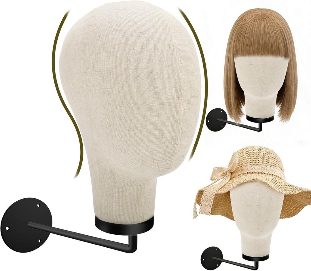 Mcwdoit Mannequin Head Stand Wall Mount for Wigs with Realistic 21.7 Inch Canvas Block - Stylish Display and Storage for Wigs, Hats, Caps, Headdresses, and Accessories - Durable Rustic Hat Rack for Home or Salon Use