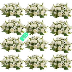 12 Bundles Peony Artificial Flowers, Peonies Artificial Flowers with Peonies Fake Peony Flower Bouquets for Home Decor, Wedding, Table Centerpieces (White, Peonies and Daisies)