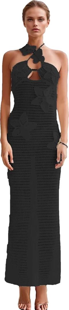 RanRui Women's Halter 3D Flower Knitted Hollow Out Beach Dress balckless Open Back Swimsuit Cover up Holiday Party Dress (Black) S