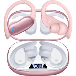 GNMN Ear Buds Wireless Earbuds 96hrs Playback Bluetooth Headphones IPX7 Waterproof Stereo Bass Over-Ear Earphones with Earhooks Microphone LED Battery Display for Sports/Workout/Gym/Running Rose Pink