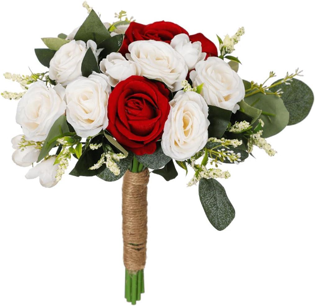 Wedding Bouquets for Bride, White Red Blue Rose Bridal Bouquets for Bride, Artificial Flower Bouquet for Wedding, Bridesmaid Bouquets with Jute Rope, Valentine's Day Anniversary Home Decor (Red)