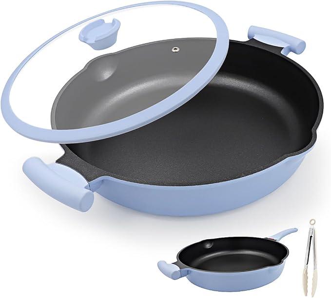 Bobikuke Large Frying Pan Skillet Nonstick with Lid, 14 Inch Deep Saute Pan, Big Induction Pan for Cooking, 2-1 Non Stick Cookware with Helper Handle, Family Size, Suitable for All Stoves, PFOA-Free