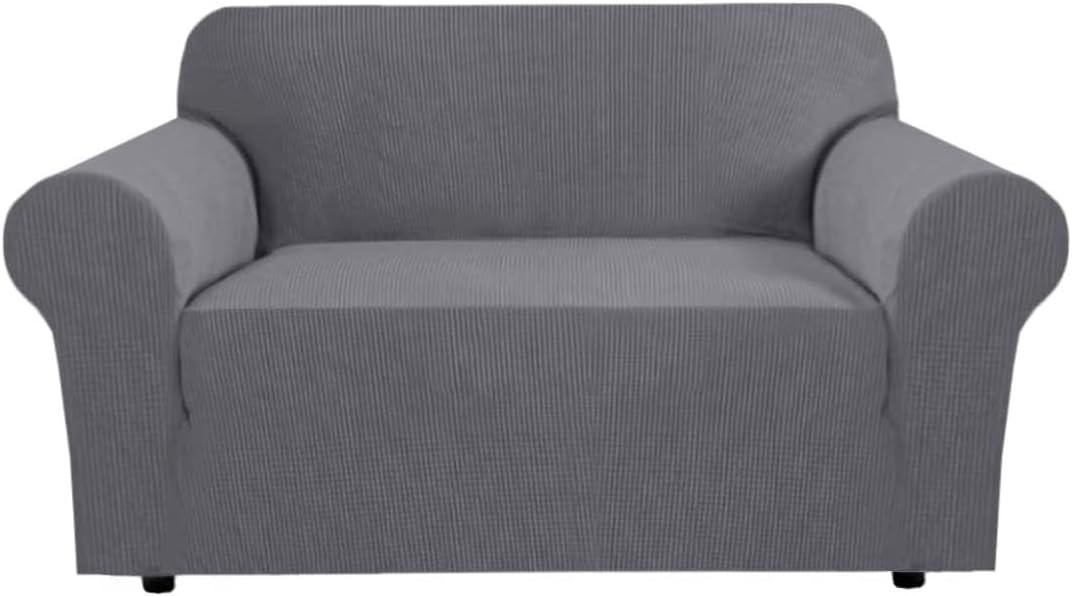 H.VERSAILTEX Stretch Couch Cover Loveseat Covers for 2 Cushion Couch Slipcover|Sofa Cover for Love seat 1 Piece with Elastic Bottom, Checked Jacquard Fabric(Loveseat 58'-70' Wide, Grey) (Neutral Gray)