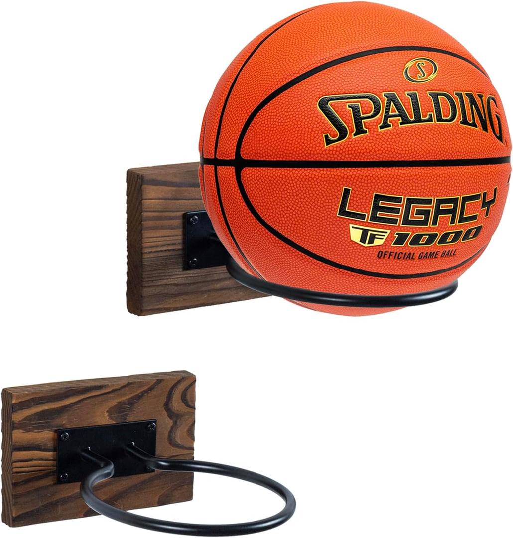 MyGift Wood & Metal Wall-Mounted Sports Ball Holder Storage, Brown (Set of 2)