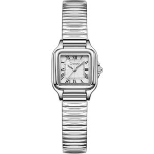 Gold Watches for Women with Vintage Square Case, Rectangular Analog Ladies Watch with Stainless Steel Elastic Expansion Band, Classic Roman Numeral Dial Waterproof