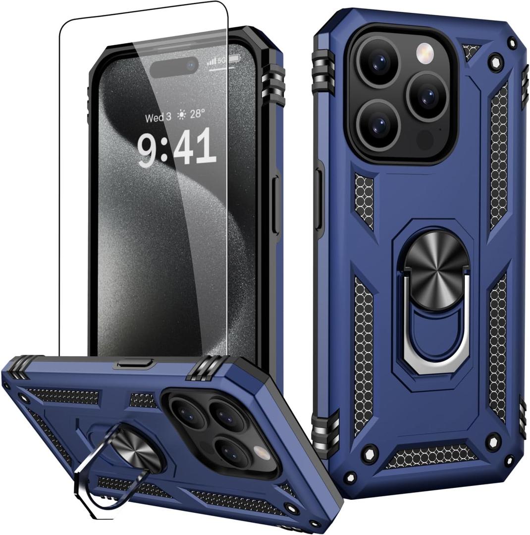 IKAZZ for iPhone 15 Pro Case 6.1 Inch with Screen Protector,Military Grade Shockproof Heavy Duty Protective Phone Cover Pass 16ft Drop Test with Magnetic Kickstand Car Mount Holder,Blue