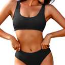 AI'MAGE Women Ribbed Bikini Sets Sporty Swimsuits Scoop Neck Two Piece Bathing Suits High Cut Bikini, M