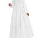 PRETTYGARDEN Crew Neck Long Sleeve Dress for Women Wedding Guest Smocked High Waist Flowy Long Maxi Dresses with Pockets (White, Small)