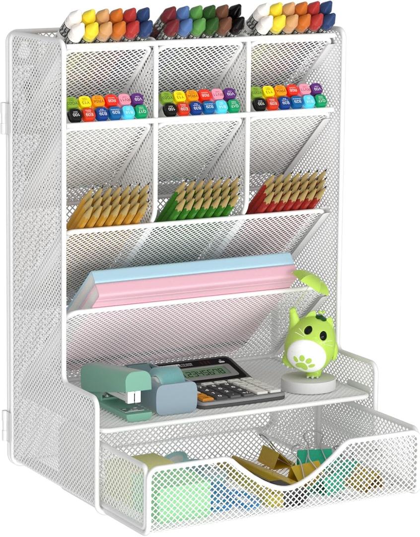 Pen Organizer for Desk, Multi-Functional Desk Organizer, Wall Mount Pen Holder with Drawer for School, Office, Home, Art Supplies, White (Large)