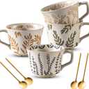 Ceramic Mugs 11 oz Unique Luxurious Cups Set of 4 with Premium Spoon, Mug for Coffee Milk Latte Cappuccino Tea, for Office Home Dishwasher Birthday Gift Microwave Freezer Safe Stoneware Mixed