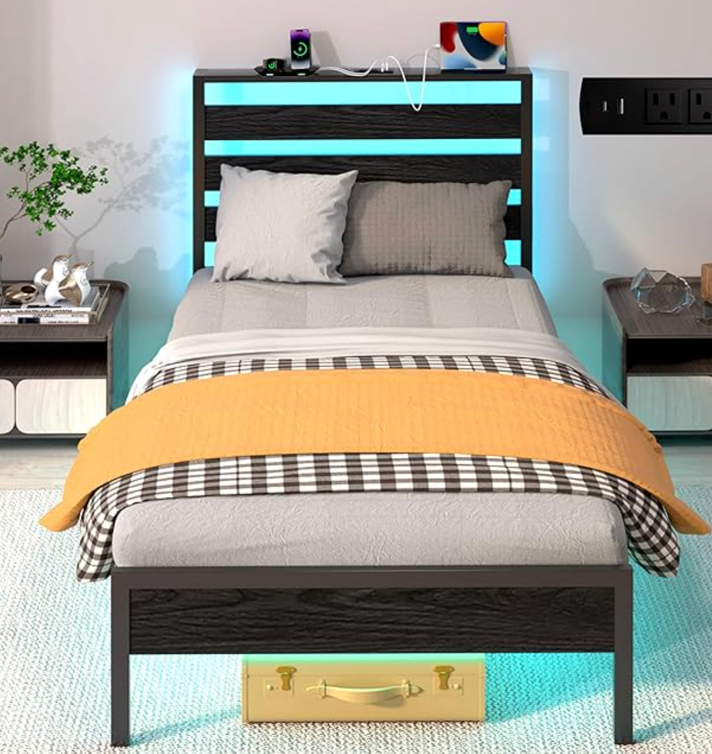 Twin Bed Frame with Headboard, Platform Bed with LED & Charging Station, Heavy Duty Metal Slats, No Box Spring Needed, Noise Free, Easy Assembly, Black
, 106x32x17.5 Cm